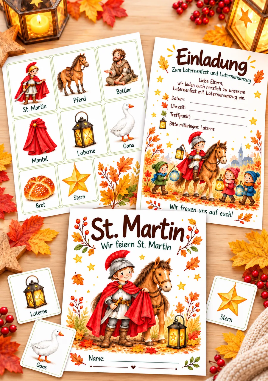 St. Martin Komplettset für Kita und Kindergarten mit Bildkarten, Einladung und Laternenfest-Material